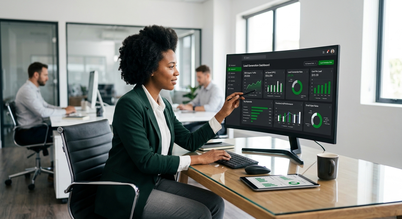 Financial advisor reviewing live lead dashboard with SEO and ad performance metrics on screen