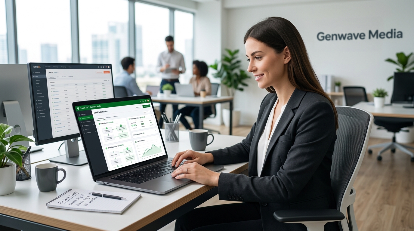 Account manager monitoring automated email and WhatsApp lead nurture sequences on a laptop