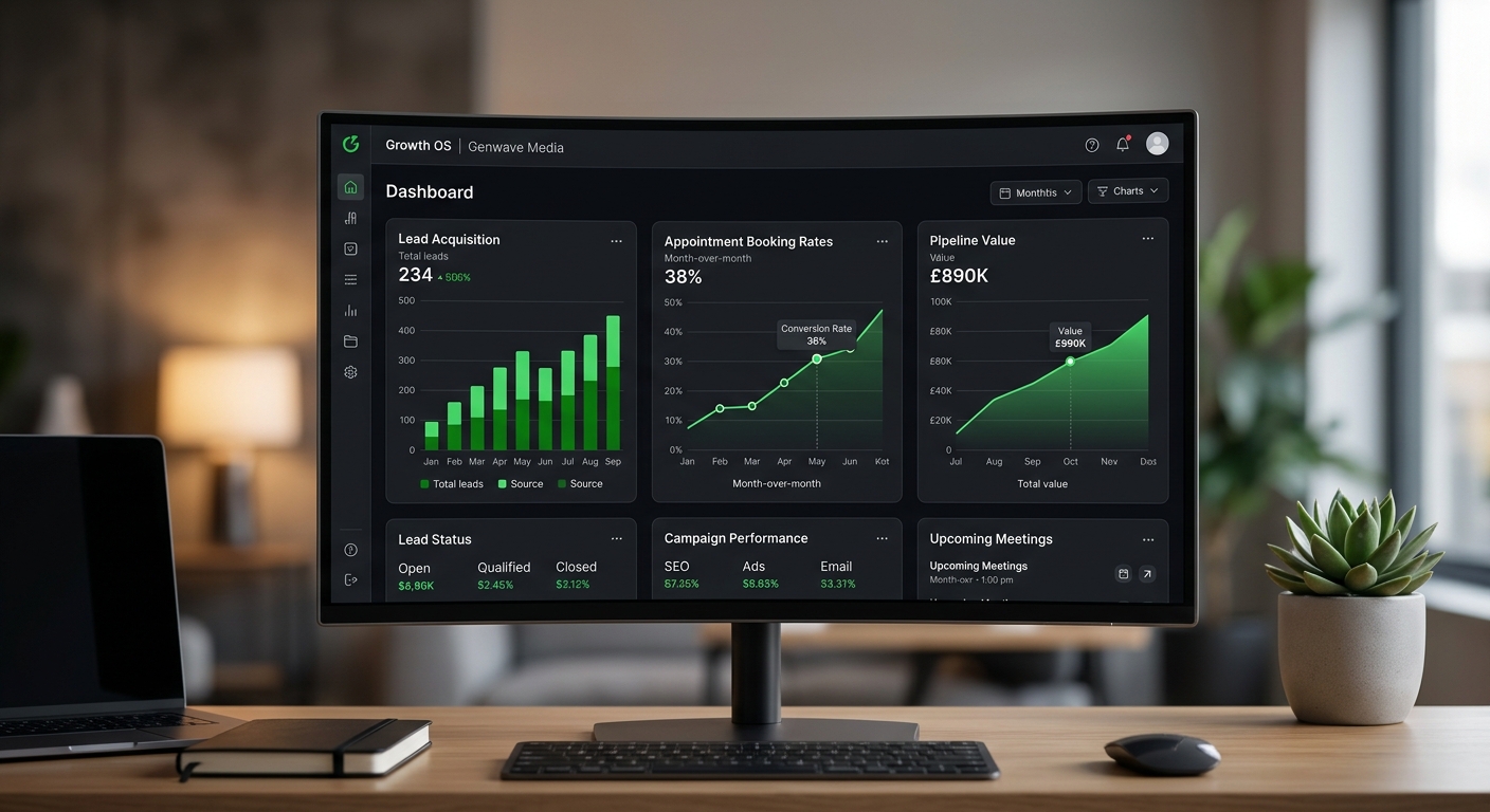 A clean and modern dashboard interface for a financial services growth system, showing charts for lead acquisition, appointment booking rates, and pipeline value, with a dark mode aesthetic and green highlights.